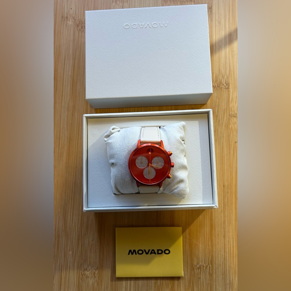 Movado FACE Watch With 43mm Orange Red Tone Chronograph Face &Cream Leather Band - Picture 8 of 9
